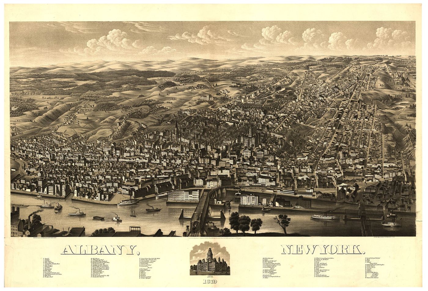 Bird's eye lithograph of Albany, New York, in 1879, the Hudson river in the foreground