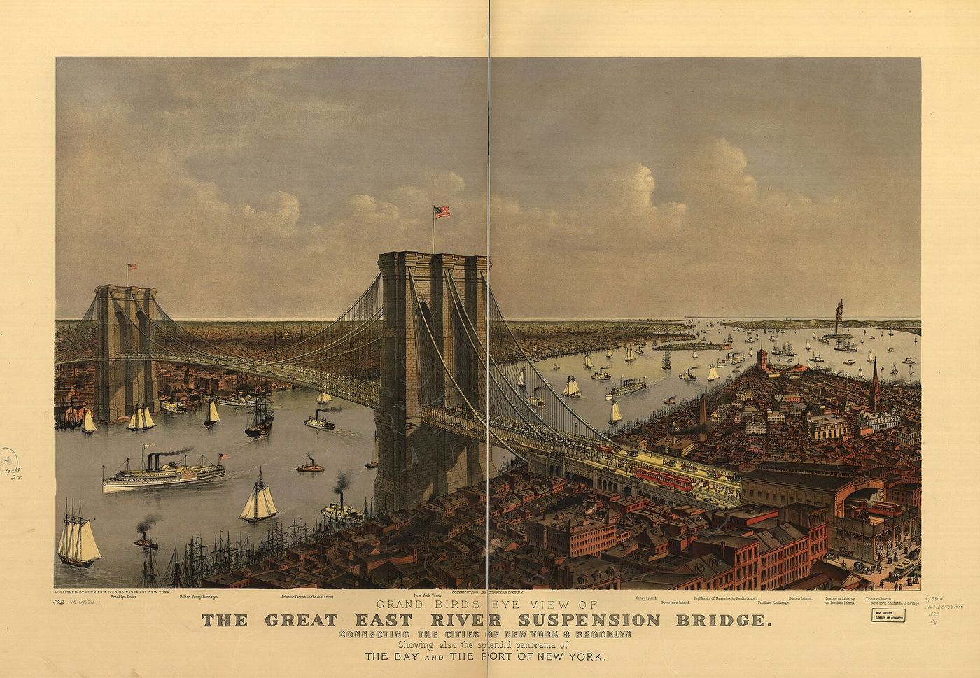 Currier and Ives bird’s eye view of the Brooklyn Bridge and the East River