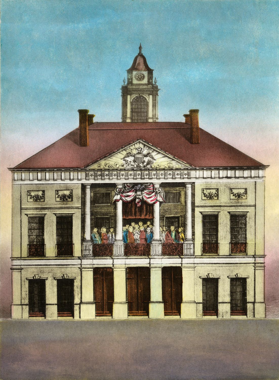 Engraving of Federal Hall on Wall Street, where Washington was inaugurated in 1789