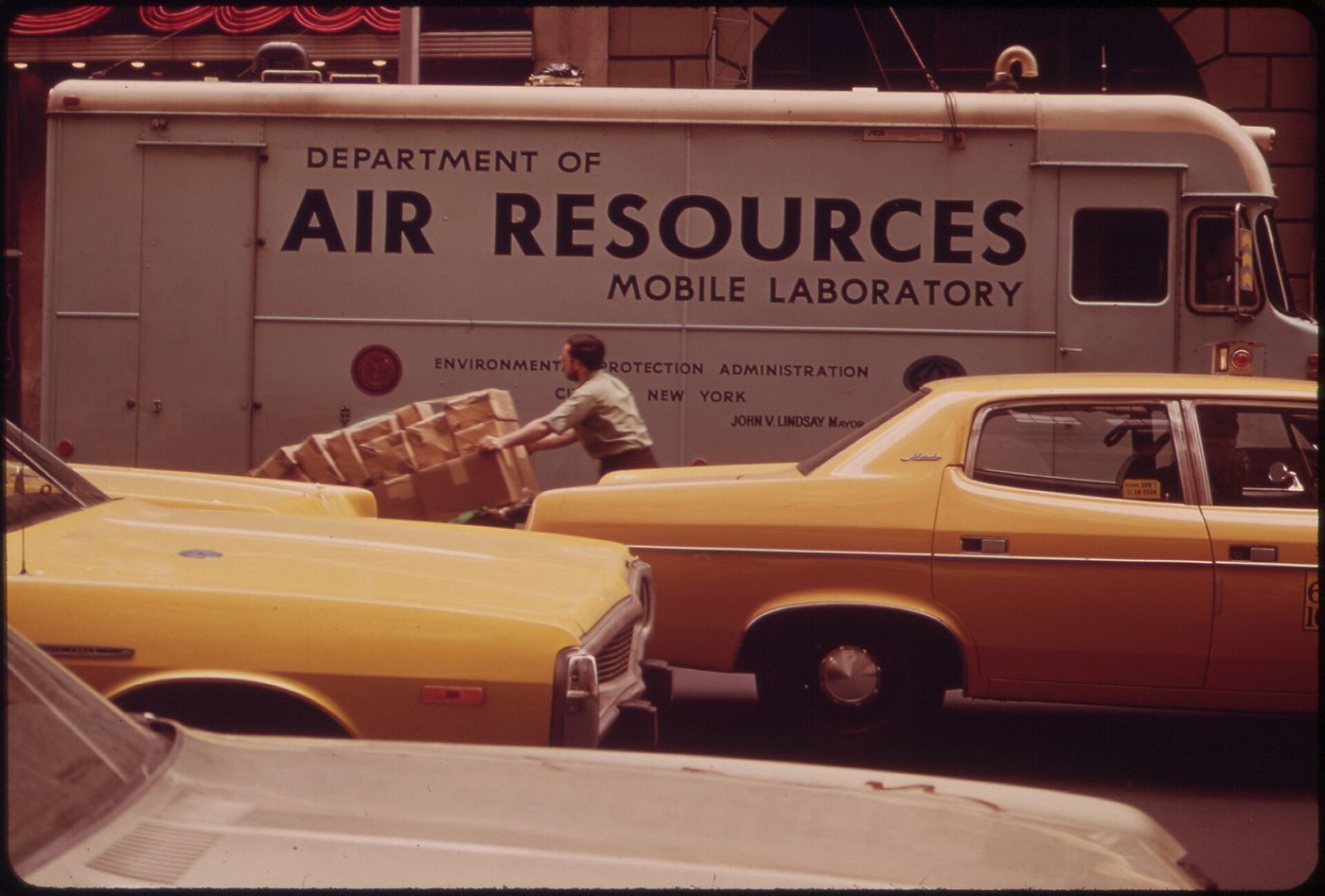 A city Environmental Protection Administration mobile laboratory measuring air pollution in Manhattan, 1973