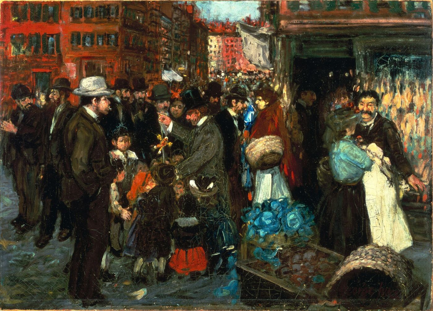 Painting of a crowded street scene on Hester Street, on the Lower East Side, in 1905