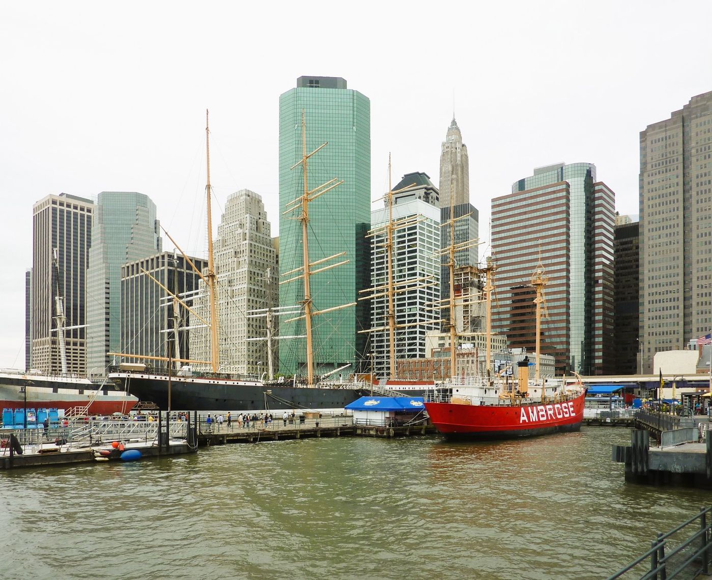 The museum ships Wavertree, Peking and Ambrose moored at South Street Seaport in 2013