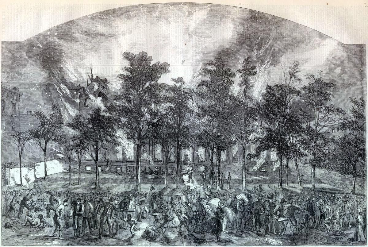 Print of the burning of the Colored Orphan Asylum during the New York draft riots of July 1863